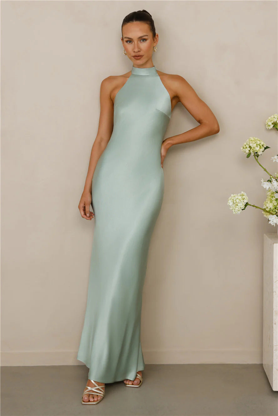 Chic high neck shimmering maxi dress, an elegant women's formal gown for parties.