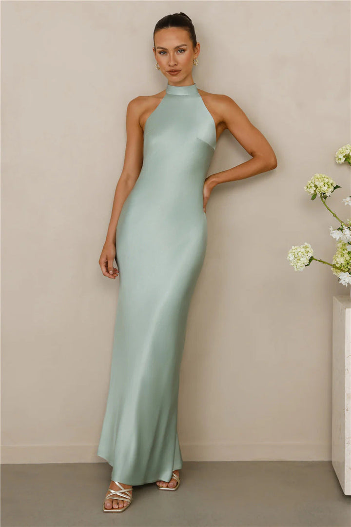 Chic high neck shimmering maxi dress, an elegant women's formal gown for parties.