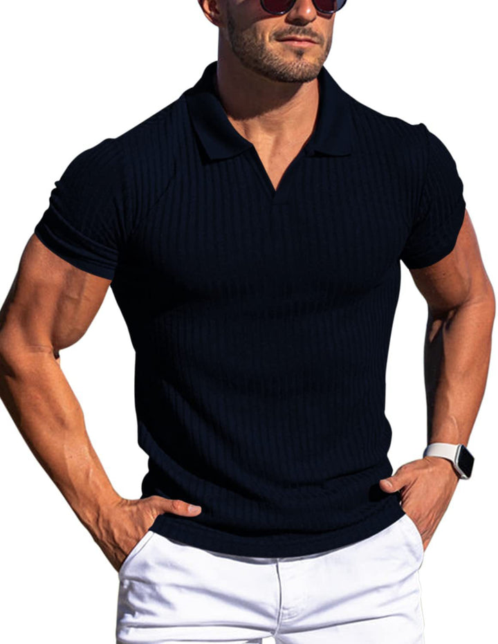 Effortless style men's short sleeve polo with structured fabric, button-down collar, perfect for versatile fashion.