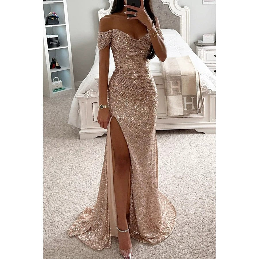 Dazzling women's off-shoulder sequin formal dress. Elegant evening gown, perfect for any glamorous party.