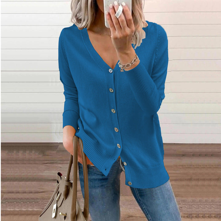 Women's V-neck button cardigan in a soft, versatile knit, perfect for stylish layering.