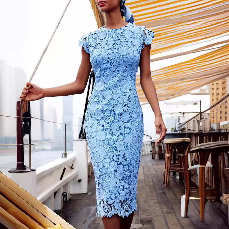 Chic blue floral lace sheath dress for women, ideal for wedding guests, formal dinners, or special occasions.