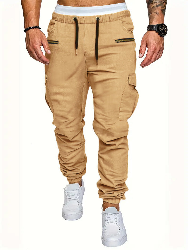 Athletic men's cargo jogging pants, comfortable elastic waist, and practical zippered pockets for essentials.