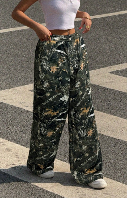 Front view of women's wide leg printed pants, highlighting the relaxed fit and comfortable elastic waist.