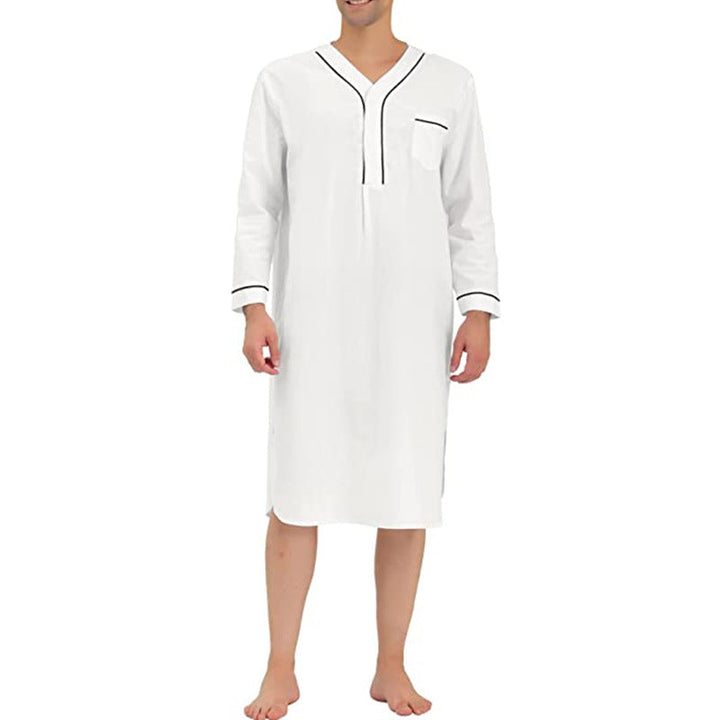 Men's casual nightgown featuring a button placket and chest pocket. Made from a breathable cotton blend for comfort.