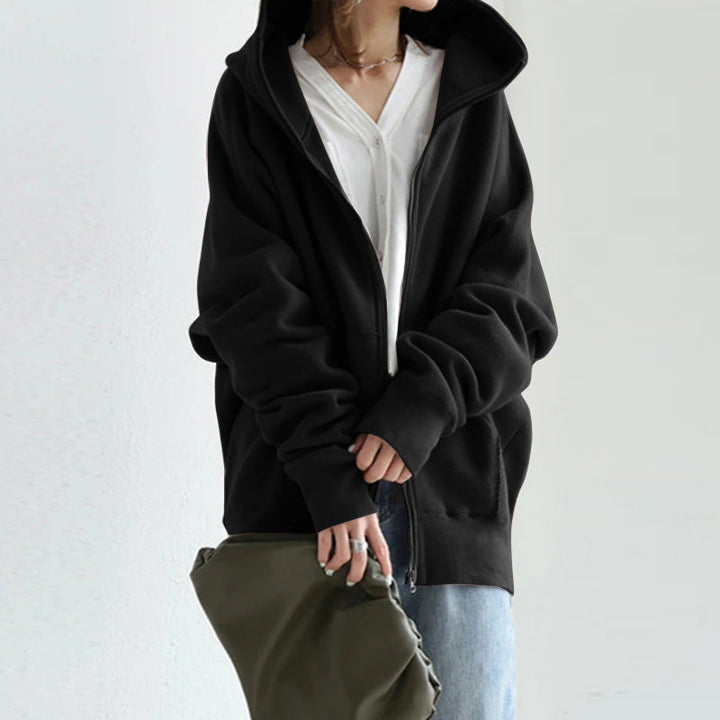 Comfortable women's loose fit zipper jacket, versatile outerwear for daily wear and winter style.