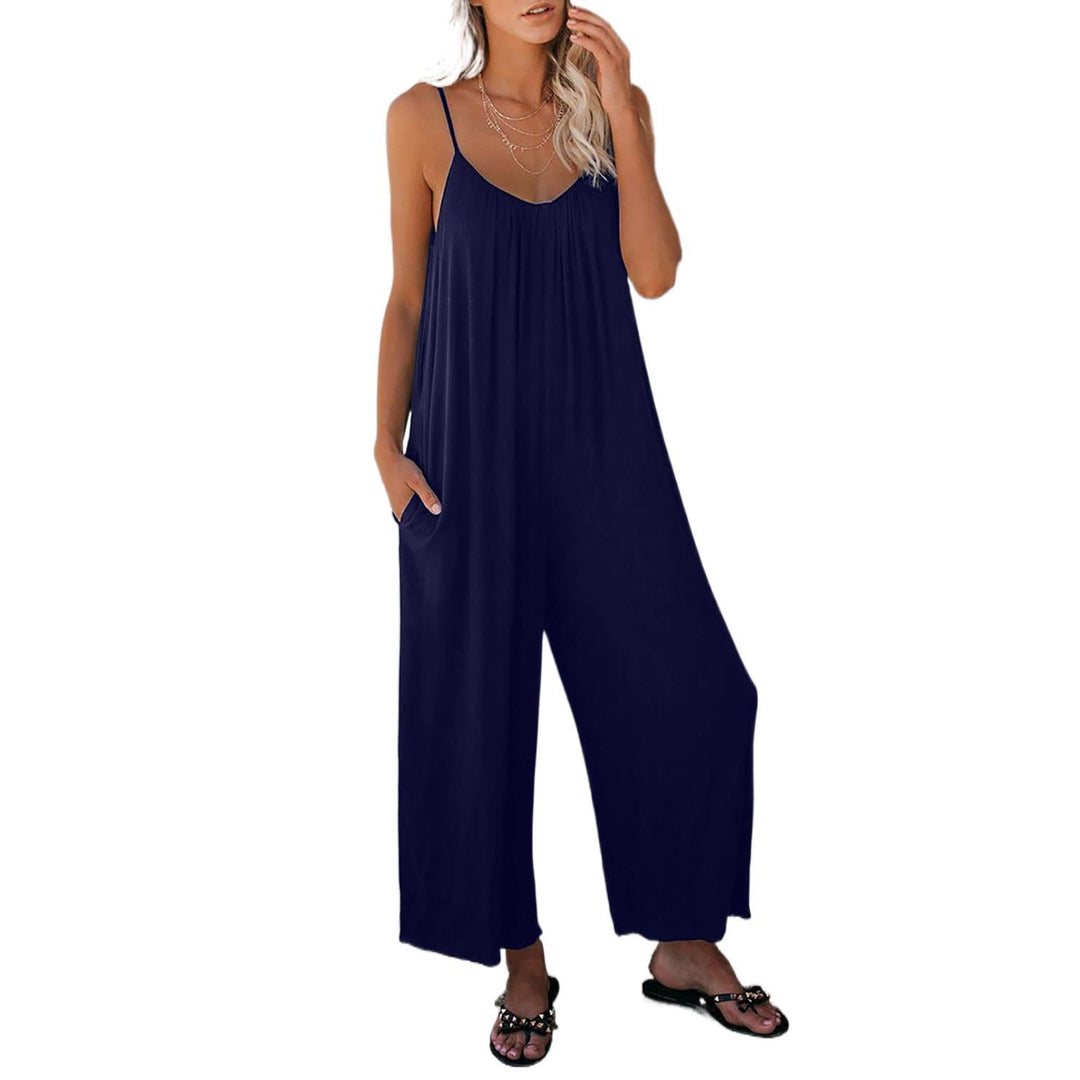 Women's plunging neckline jumpsuit with functional pockets, a stylish & comfortable summer one-piece outfit.