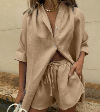 Women's casual two-piece summer set with a relaxed button-up top and matching shorts.