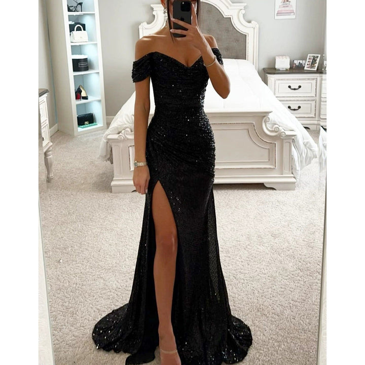 Shimmering sequin off-shoulder evening gown for women. Elegant formal party dress with a dramatic slit.