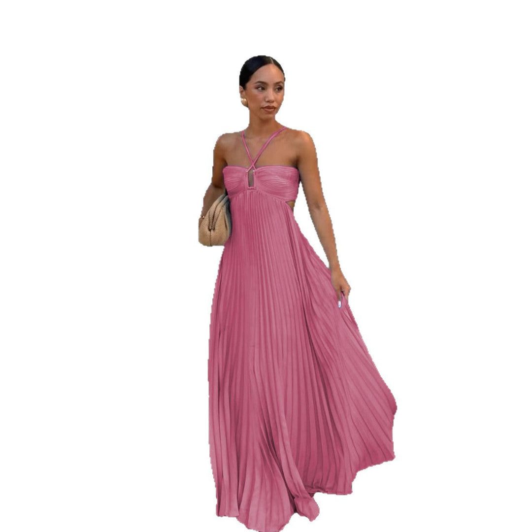 Sophisticated women's evening dress: off-shoulder neckline, pleated bodice, and a flowing, elegant skirt.