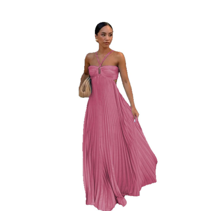 Sophisticated women's evening dress: off-shoulder neckline, pleated bodice, and a flowing, elegant skirt.