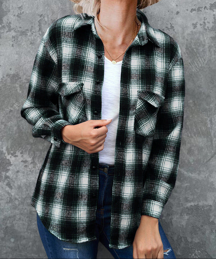 Women's plaid check shirt jacket with front pockets, perfect for casual layering.