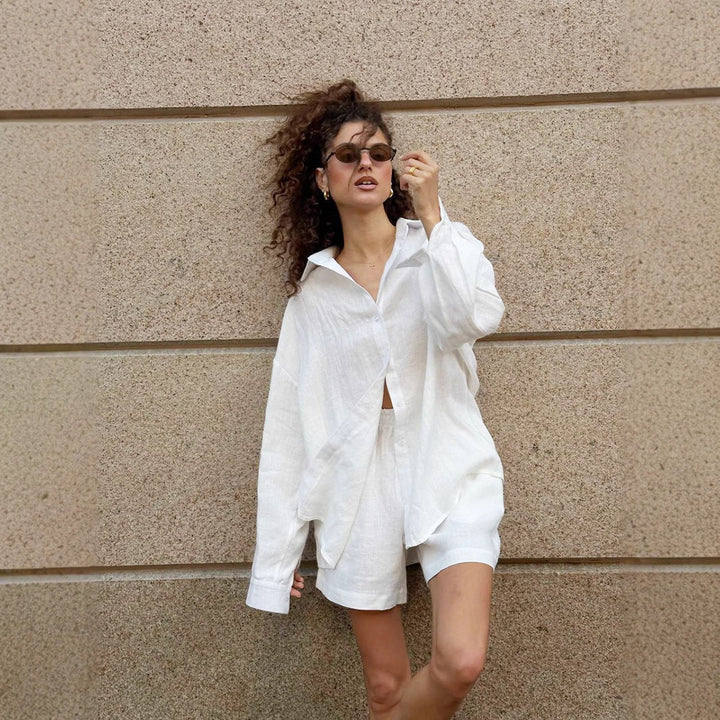 Chic women's casual blouse & shorts set. A comfortable, stylish two-piece summer outfit for vacation.