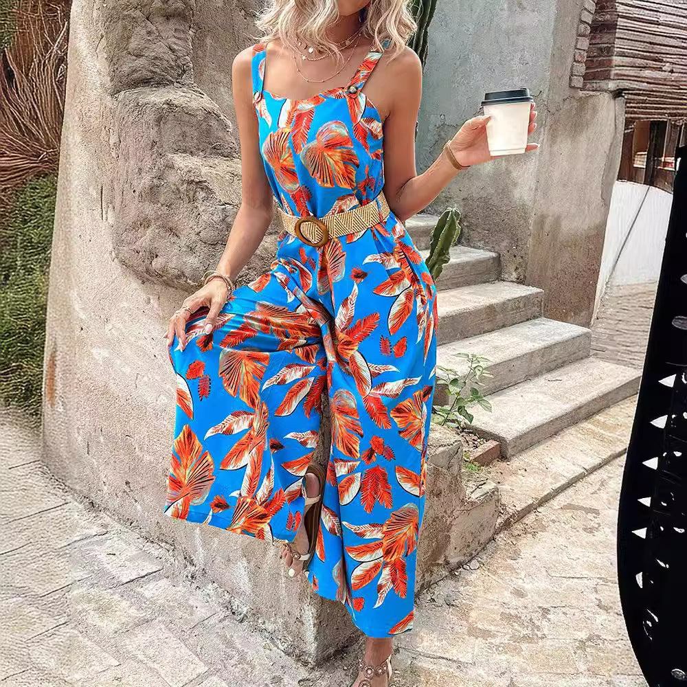 Elegant women's tropical print maxi jumpsuit, a stylish wide-leg one-piece for summer resort & vacation.