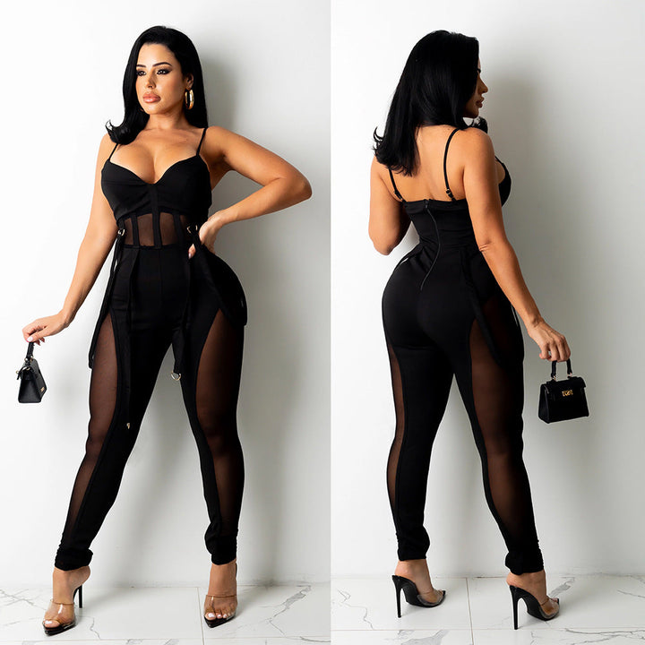Sophisticated women's party jumpsuit, sheer transparent panels, ideal for eveningwear.