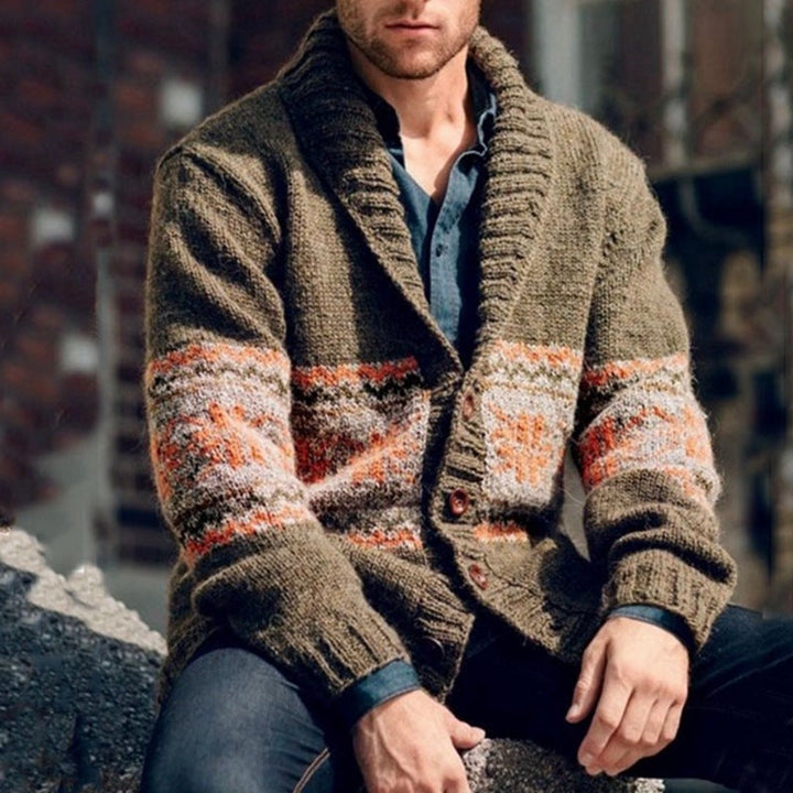 Stylish men's colorful knitted jacket. High collar design offers warmth & comfort for casual autumn/winter fashion.