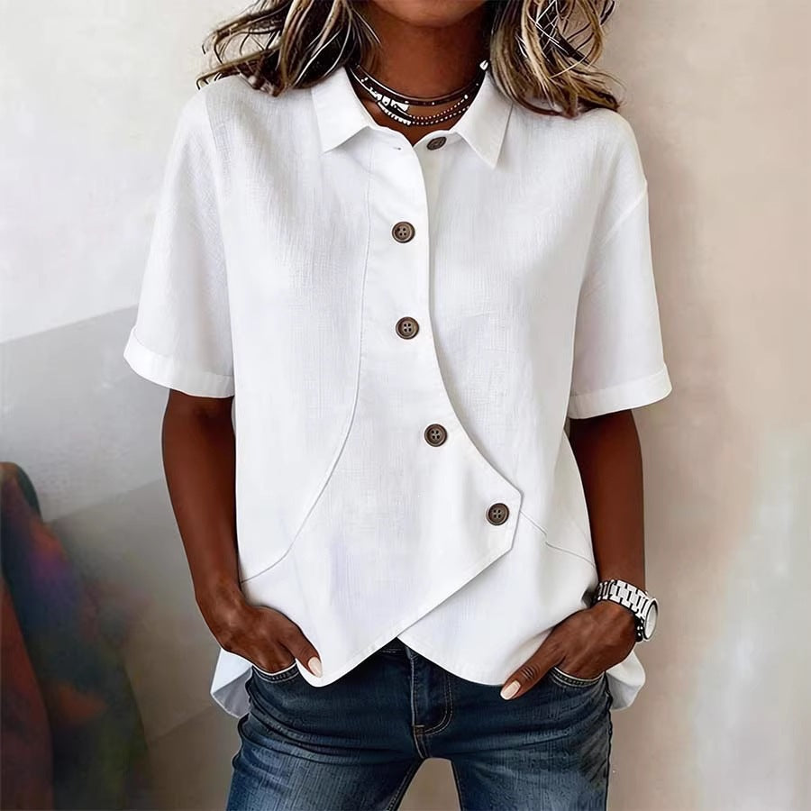 Versatile elegant blouse for women, showcasing a unique button placket and subtle wavy print design.