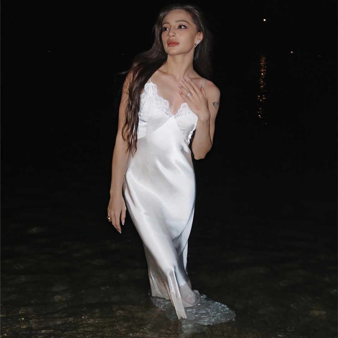 Luxurious women's elegant white lace nightgown, exquisite design offers comfortable and chic eveningwear experience.