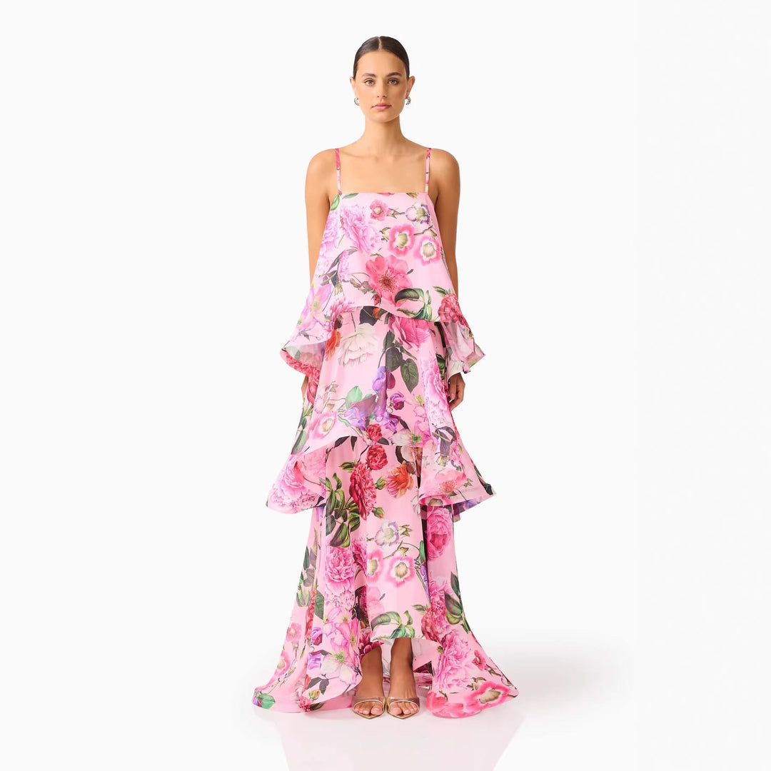 Flowy summer maxi dress with elegant ruffles, suitable for beach weddings or garden parties.