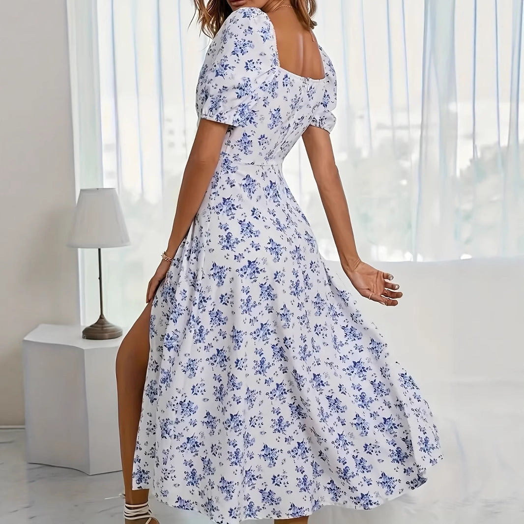 Casual women's floral off-shoulder maxi dress with puff sleeves. Perfect for summer fashion and vacation.