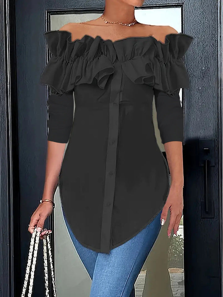 Elegant women's off-shoulder blouse with delicate ruffles & front button placket. Perfect versatile top.