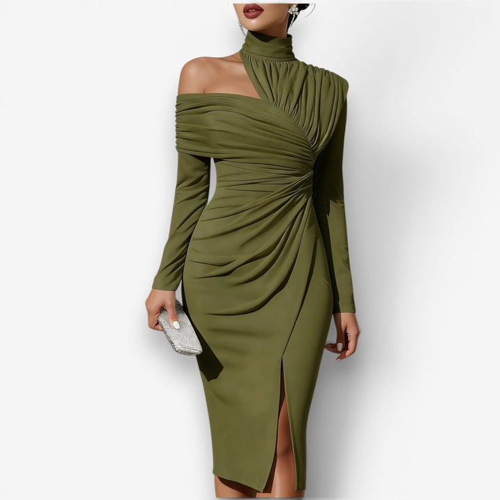 Structured bodycon wrap midi dress for women, featuring a sculpted silhouette and elegant design.
