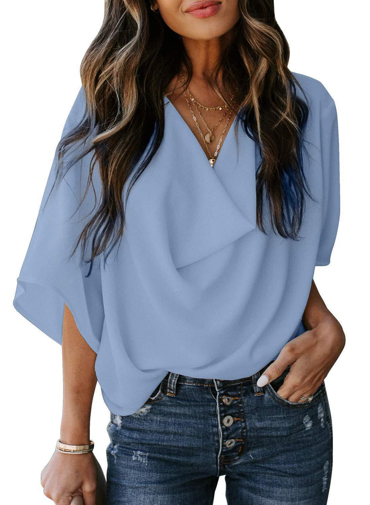 Lightweight women's draped V-neck blouse with elegant loose sleeves, a versatile top for chic casual & office.