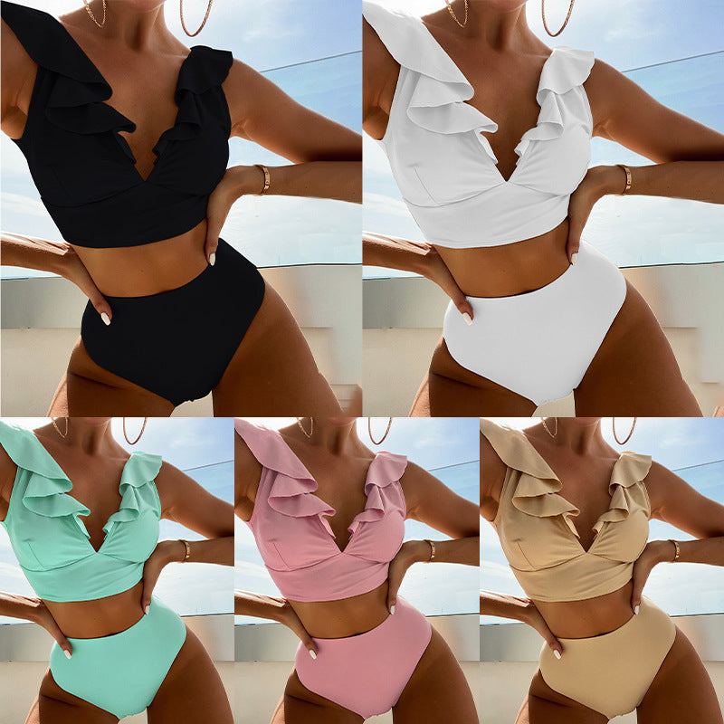 Women's Ruffle V-Neck High-Waisted Bikini Set, perfect for beach fashion & summer vacation.