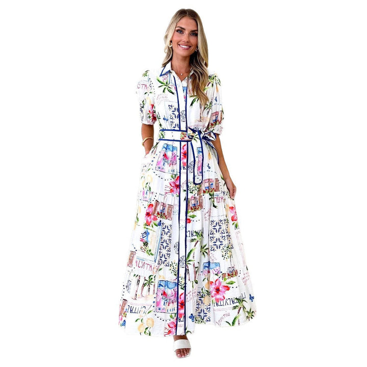 Stylish women's summer maxi dress with eye-catching floral design, functional pockets, and an adjustable waist for comfort.
