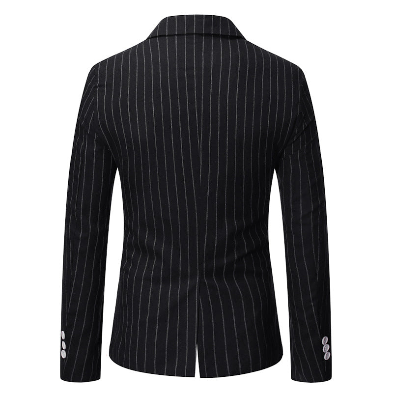 Sharp men's striped double-breasted blazer for sophisticated formal and business casual attire.