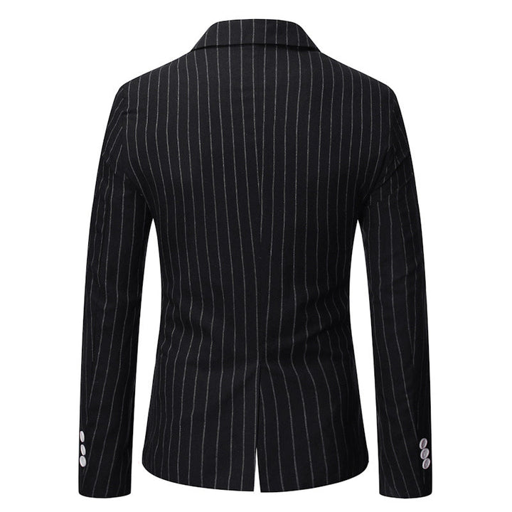 Sharp men's striped double-breasted blazer for sophisticated formal and business casual attire.