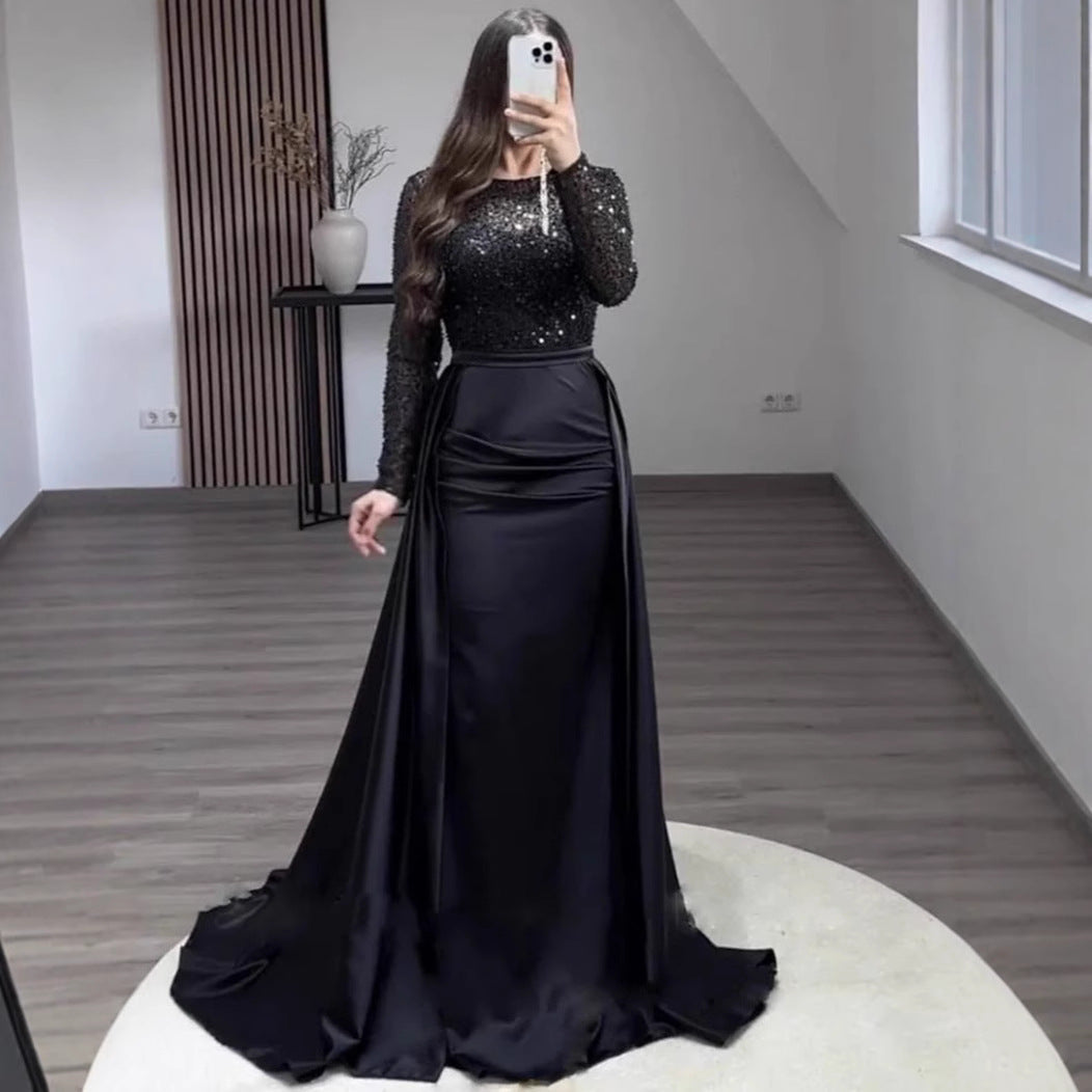 Women's glittery long-sleeve gala dress. Shimmering evening gown for formal events & special occasions.