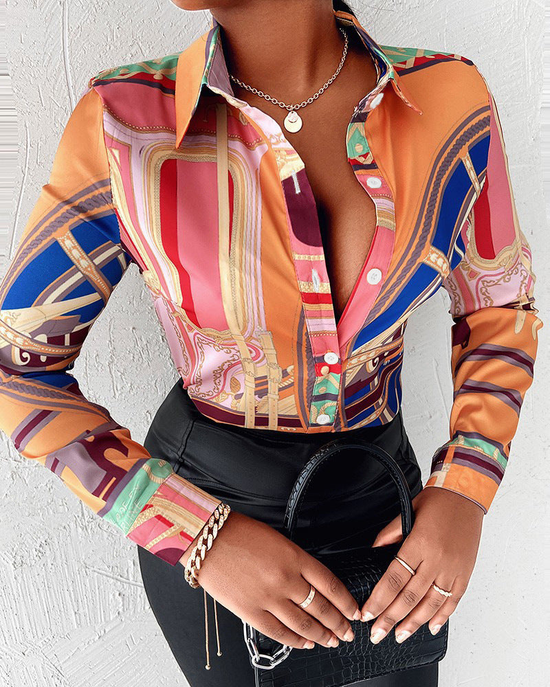 Stylish women's printed long-sleeve top, featuring a trendy collar and a versatile, elegant design.