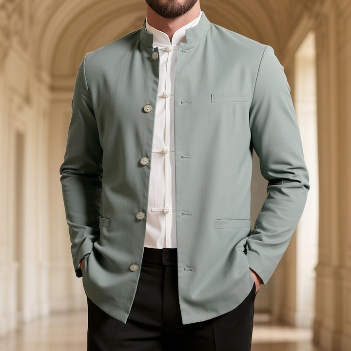 Modern men's high collar blazer, a sleek and elegant suit jacket. Ideal for formal wear & sophisticated fashion.