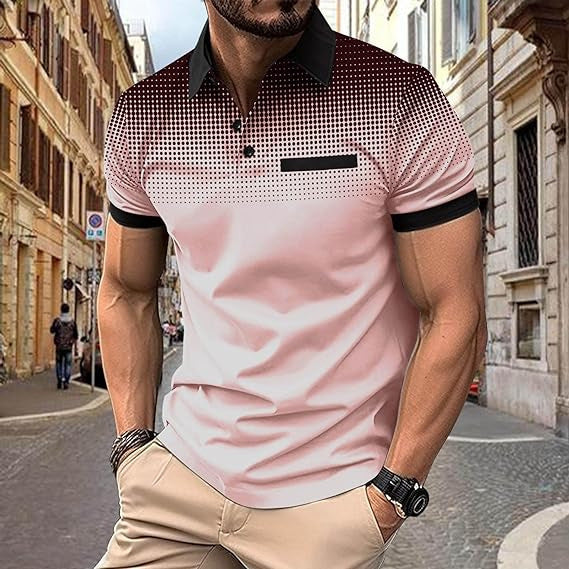 Front view: Men's stylish gradient polo shirt, short sleeve, a modern and comfortable top for any occasion.