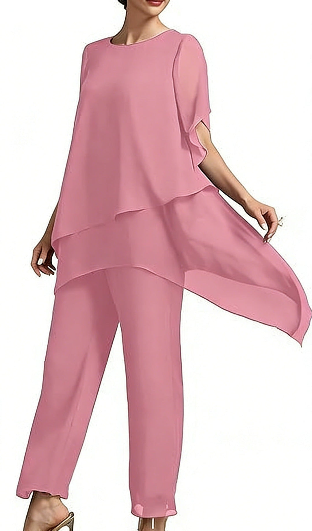 Women's elegant two-piece set with airy sleeves & asymmetrical hem, offering comfort & style.