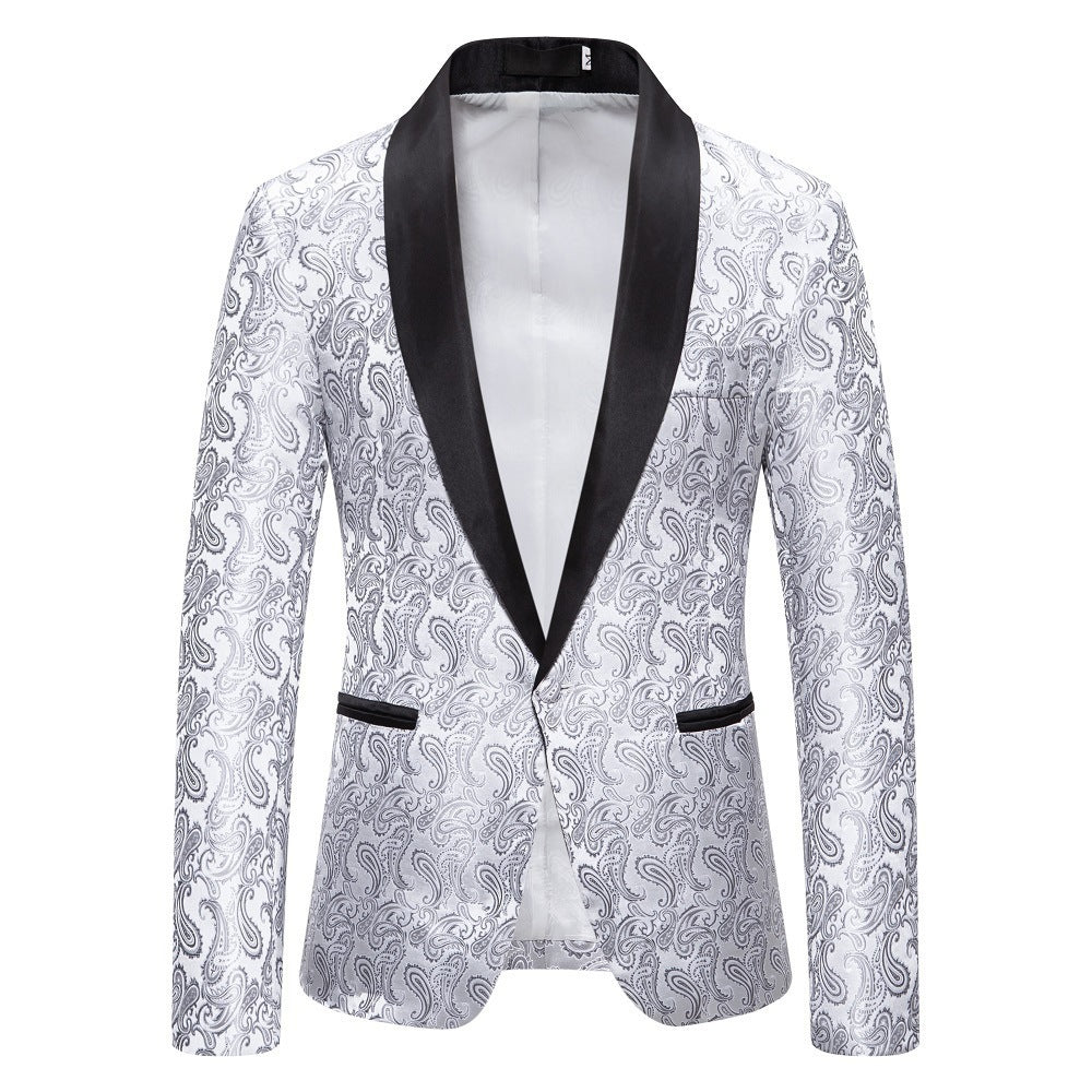 Premium men's elegant blazer, black with detailed paisley, essential for formal wear.