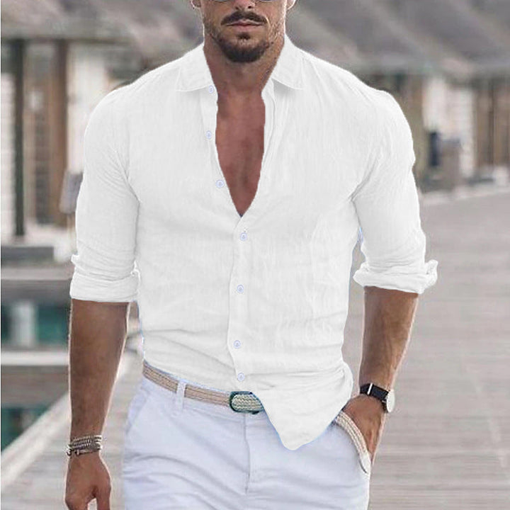 Back view of a breathable men's collared shirt, highlighting its comfortable, relaxed summer fit.