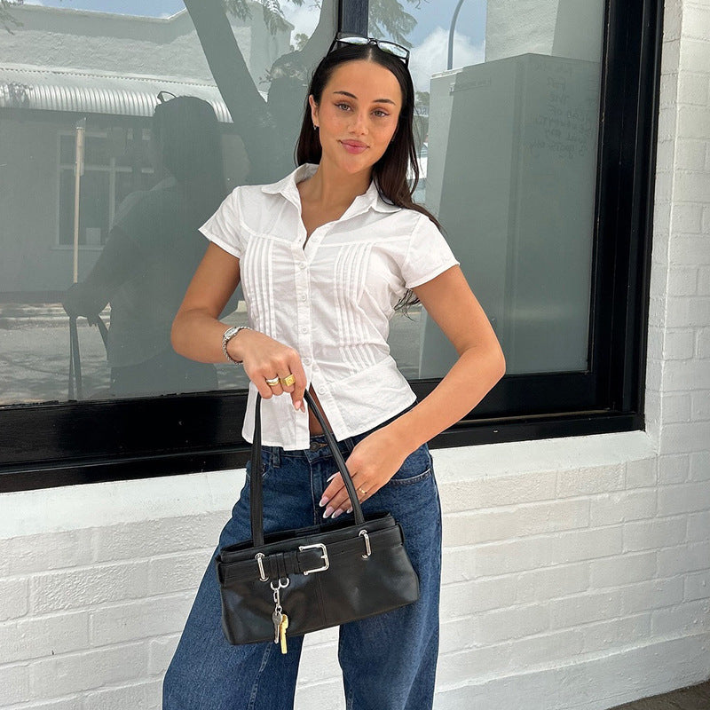 Chic women's short sleeve button-up blouse, ideal for spring & summer fashion. Versatile and stylish.
