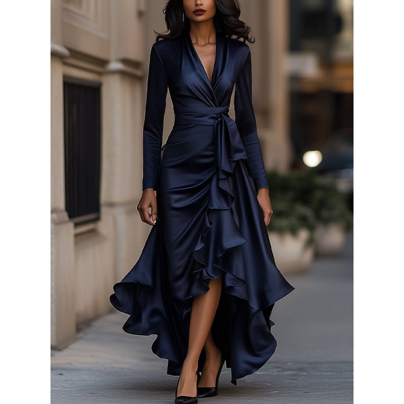 Women's V-neck long sleeve maxi dress with elegant ruffles, ideal as a party or formal wrap dress.