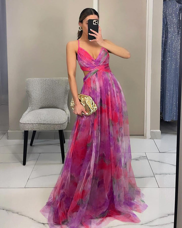 Women's formal floral maxi evening dress, featuring a V-neck and delicate spaghetti straps, elegant.