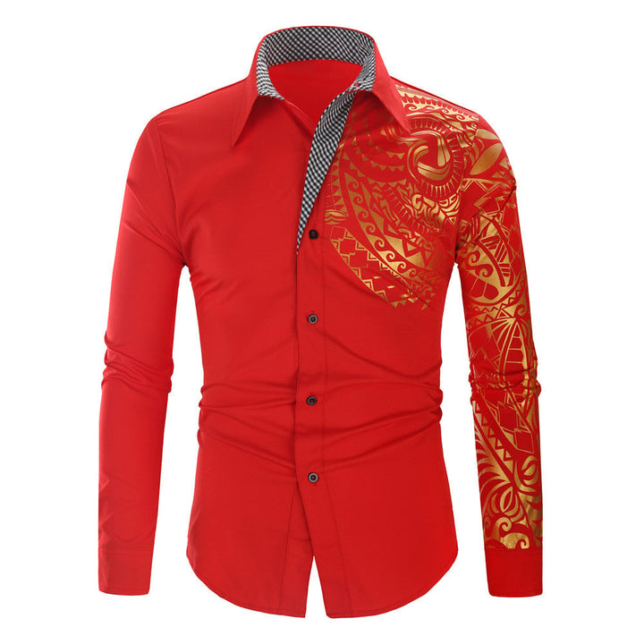 Fitted men's shirt with a unique exotic print and sophisticated contrast collar. Long sleeves.