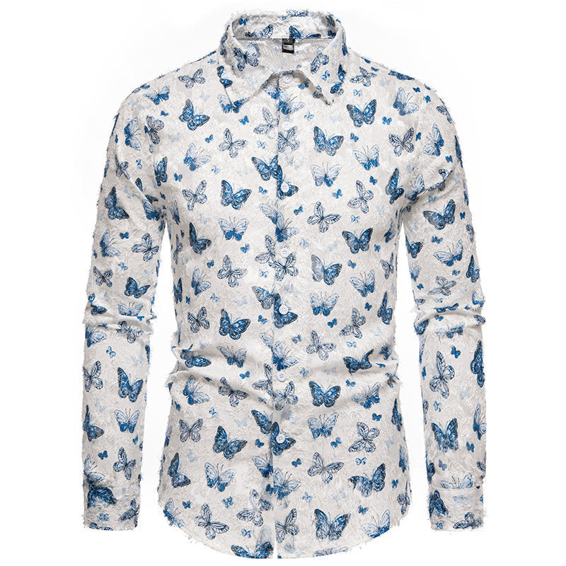 Modern men's long sleeve shirt, featuring a bold and unique butterfly pattern, a standout piece in men's fashion.
