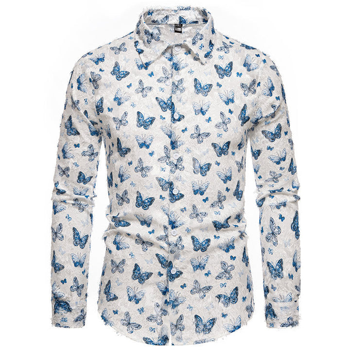 Modern men's long sleeve shirt, featuring a bold and unique butterfly pattern, a standout piece in men's fashion.