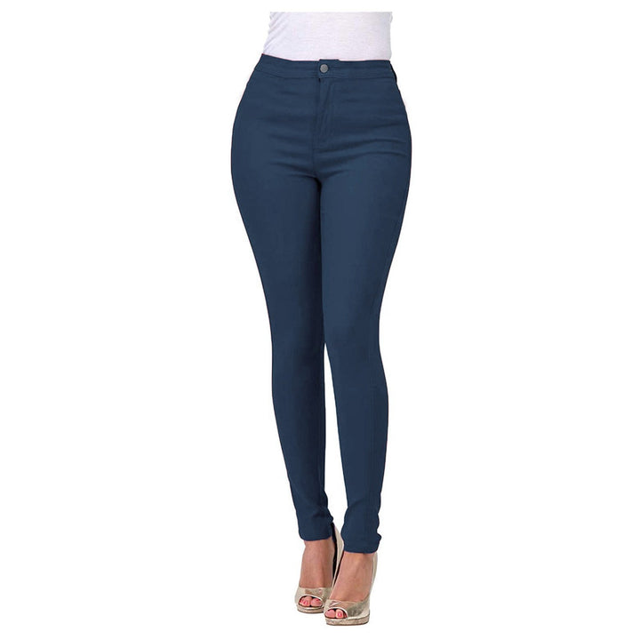 Sleek women's high-waisted skinny jeans featuring elastic stretch, ideal for a fashionable, figure-hugging look.