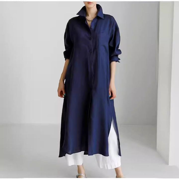 Stylish women's lightweight shirt dress with modern side slits, offering elegant and casual summer fashion.