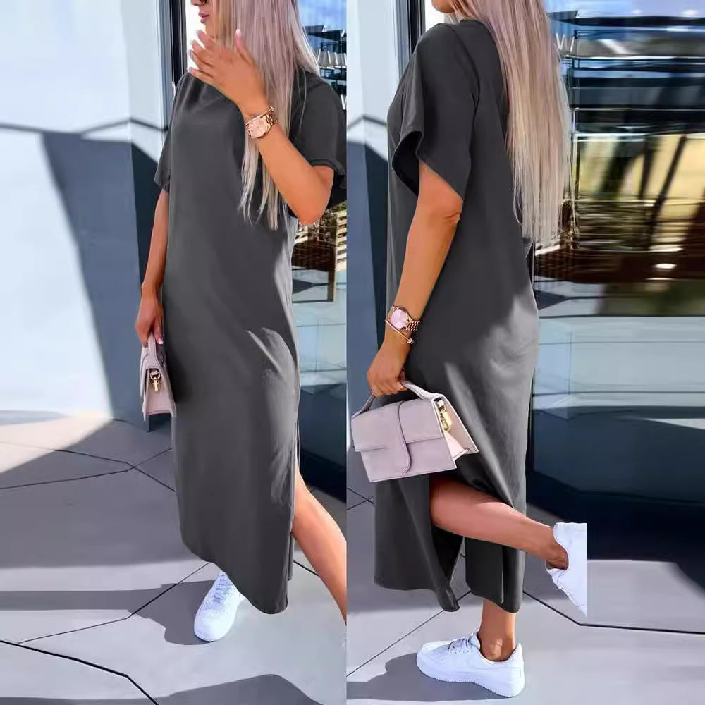 Versatile women's oversized midi t-shirt dress, easy to style for casual or dressier everyday looks.