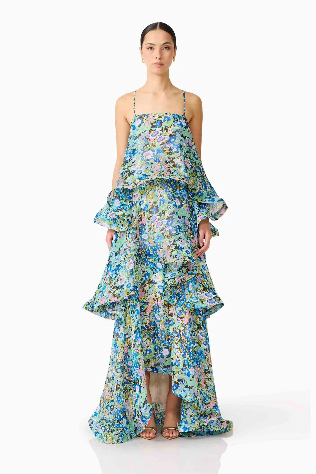 Beautiful blue off-shoulder maxi dress for women, featuring elegant ruffles, perfect for summer events.