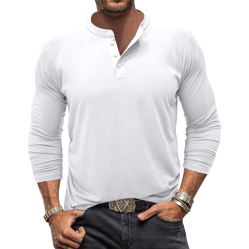 Modern men's long sleeve henley shirt, a comfortable casual top for contemporary everyday fashion and leisure.
