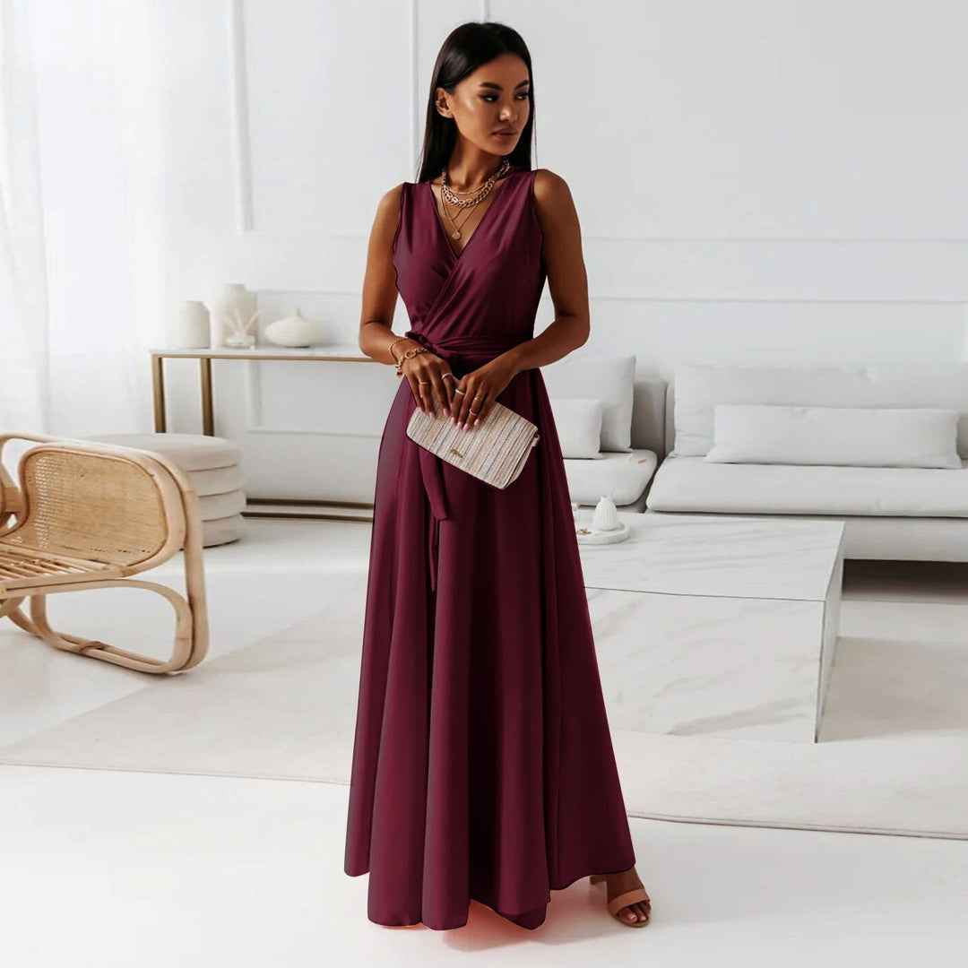 Graceful women's formal wrap maxi dress with flowing skirt, ideal for wedding guests & evening wear.